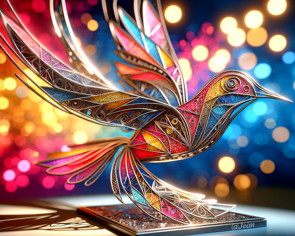 Colorful Metallic Bird Sculpture in Mid-Flight