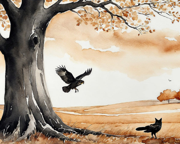Tranquil Autumn Landscape with Golden Leaves and Crows