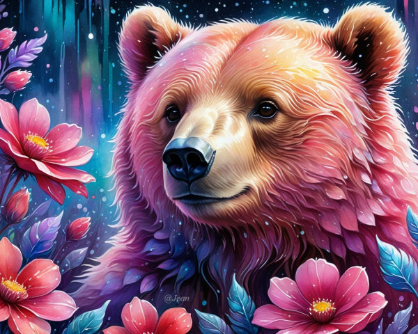 Majestic Bear Surrounded by Colorful Flowers