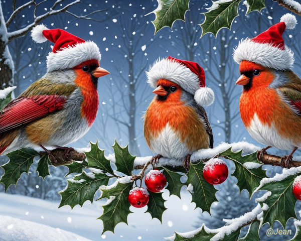 Cardinals in Santa Hats on Holly Branches in Snow