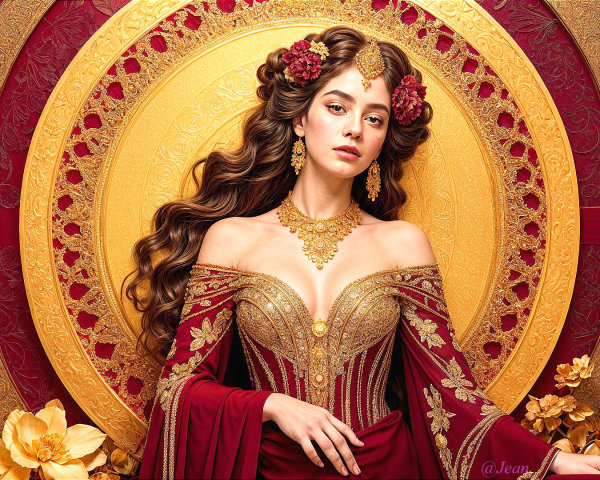 Woman in deep red gown with gold detailing and jewelry