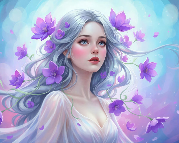 Digital painting of a woman with silver hair and flowers