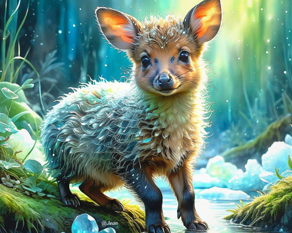 Whimsical creature by a sparkling stream in nature