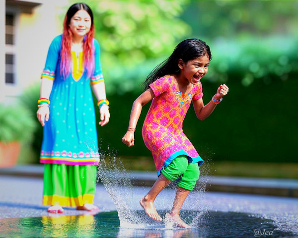 Joyful girl splashing in puddles on a sunny day