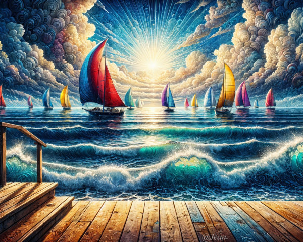 Vibrant Seascape with Sailboats and Gentle Waves