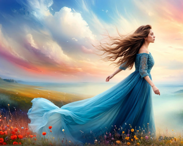 Woman in Azure Gown in Vibrant Meadow at Sunset