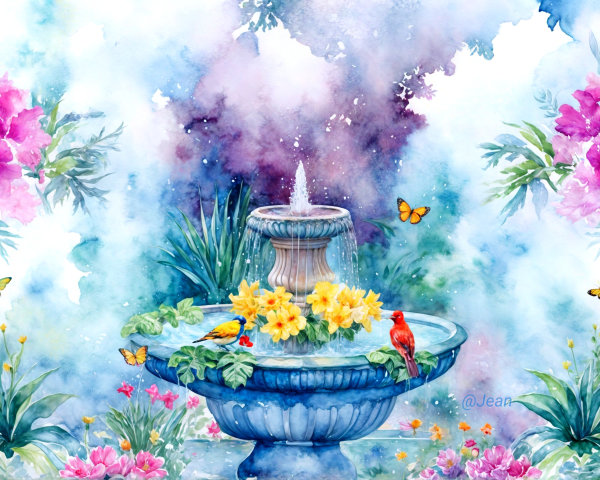 Serene garden scene with fountain and vibrant flowers