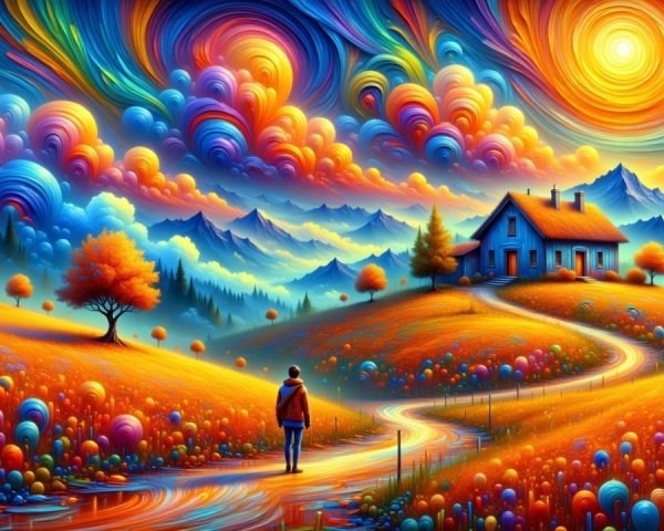 Surreal Landscape with Cozy House and Colorful Sky
