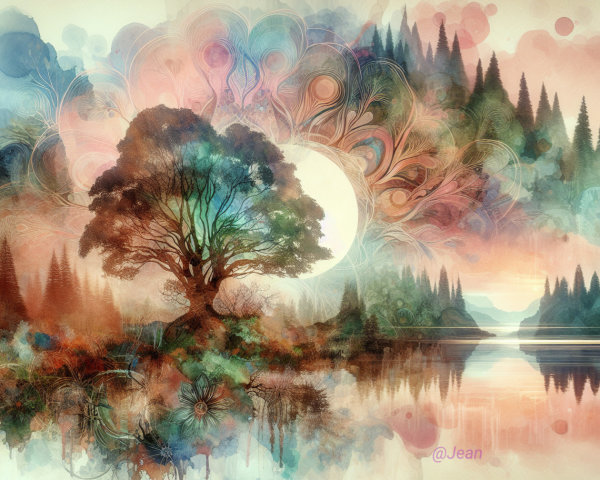 Serene Landscape with Tree and Vibrant Sunset Colors