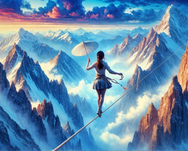 Tightrope Walker Above Snow-Capped Mountains at Sunrise