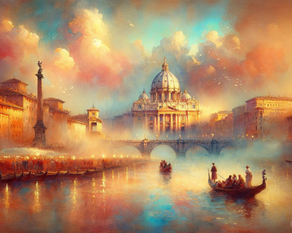 Sunset over a river with St. Peter's Basilica view