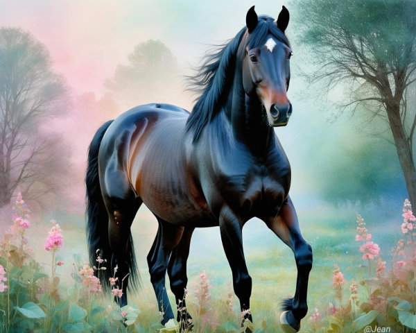 Black Horse in Misty Meadow with Pastel Flowers