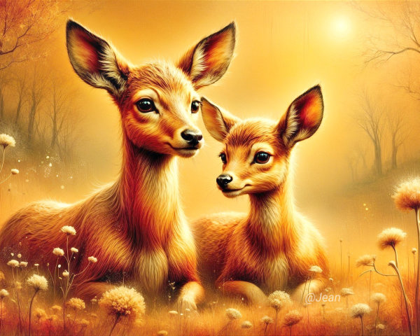 Autumn Landscape with Deer in Golden Grass