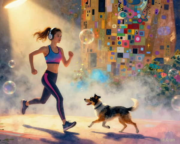 Vibrant digital painting of a woman jogging with a dog
