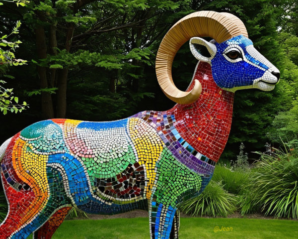 Vibrant Mosaic Sculpture of a Colorful Ram