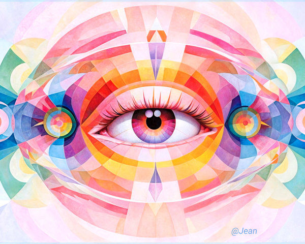 Vibrant Eye Surrounded by Geometric Patterns and Gradients