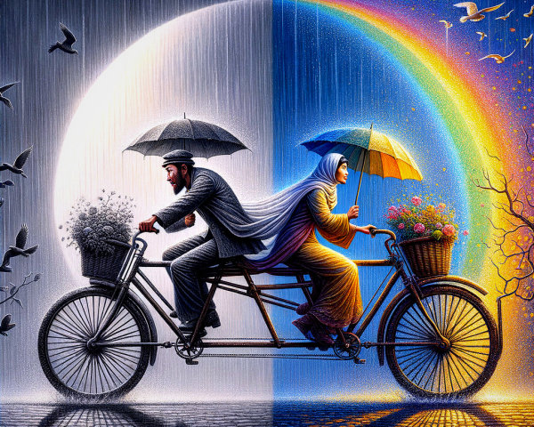 Tandem Bicycle Scene: Monochrome vs. Colorful Landscapes
