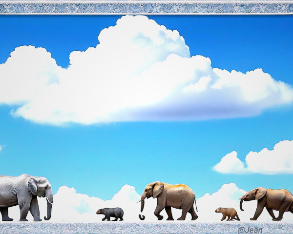 Whimsical Elephants in a Colorful Sky Scene