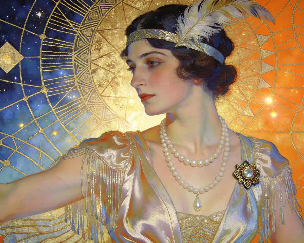 Art Deco Painting of Woman in Cosmic Background