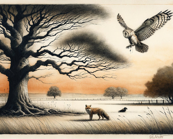 Serene landscape with tree, fox, and barn owl