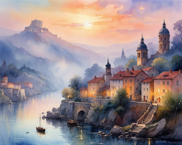 Tranquil River Landscape with Sunrise and Fortress