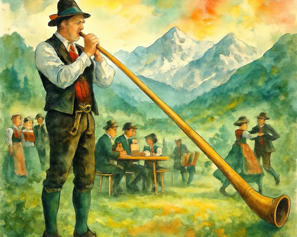 Watercolor Painting of Festive Outdoor Scene with Alpenhorn