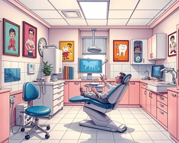 Dental Office with Pink Cabinets and Cartoon Decor