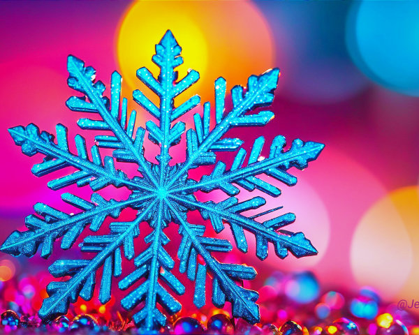 Vibrant Blue Snowflake on Colorful Bokeh Background