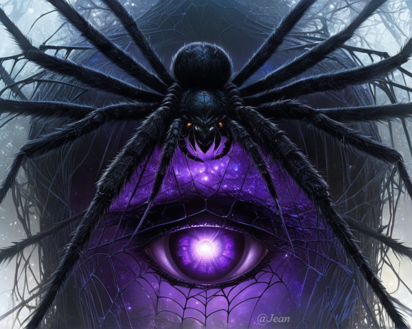 Surreal Spider with Purple Body in Mystical Forest