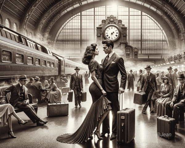 Vintage Train Station Scene with Elegant Travelers