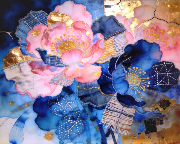 Vibrant Mixed-Media Painting with Stylized Flowers