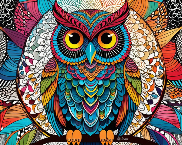 Vibrant Owl Surrounded by Colorful Patterns and Shapes