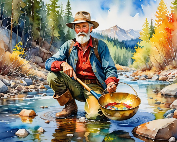 Rugged Prospector Panning for Gems by a Stream