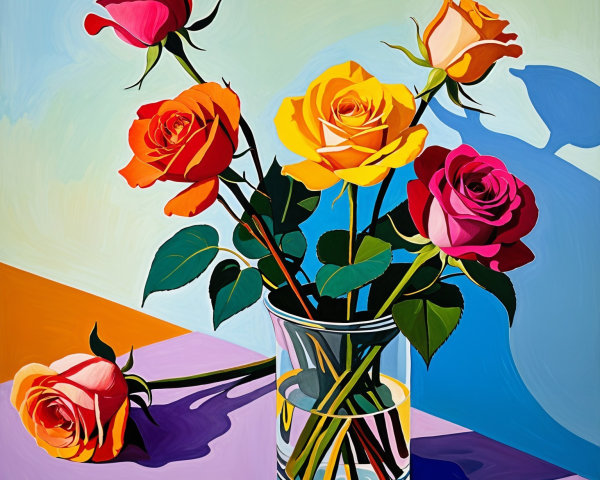 Vibrant Still Life of Colorful Roses in Glass Vase