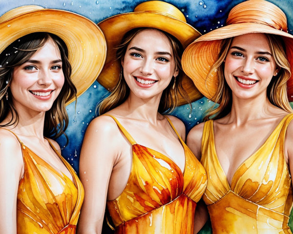 Women in Yellow Dresses with Straw Hats in Watercolor