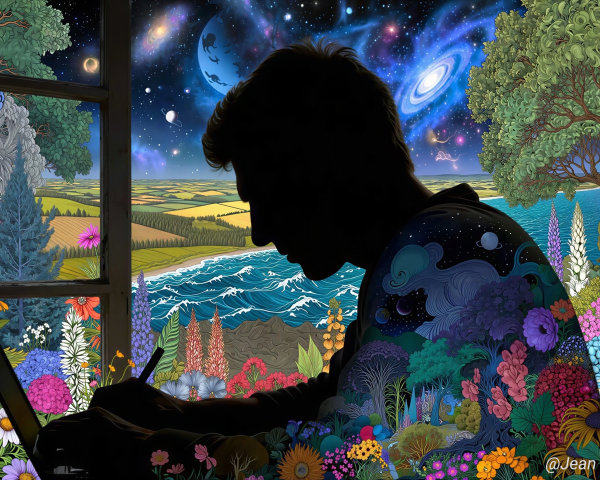 Surreal Storybook Illustration of a Young Man Drawing
