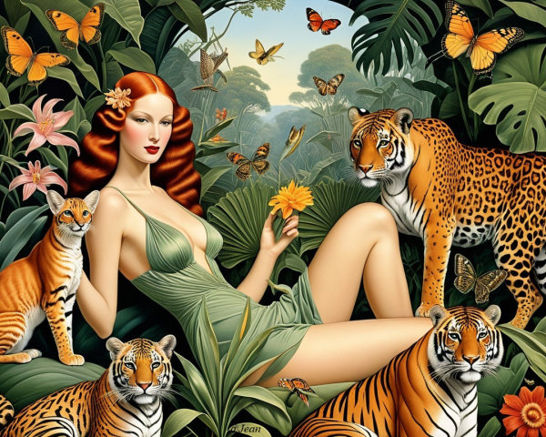 Woman in Green Dress Surrounded by Jungle Wildlife