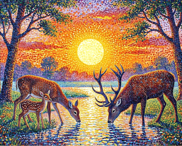 Pointillist Painting of Deer Family at Sunset