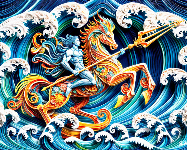 Heroic Figure on Horse Amid Ocean Waves and Colors