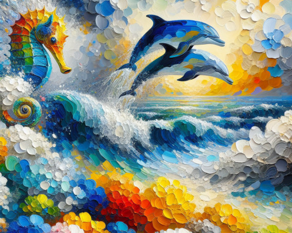 Vibrant Underwater Scene with Dolphins and Seahorse