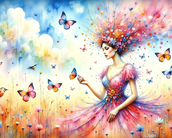 Ethereal Scene with Colorful Floral Dress and Butterflies