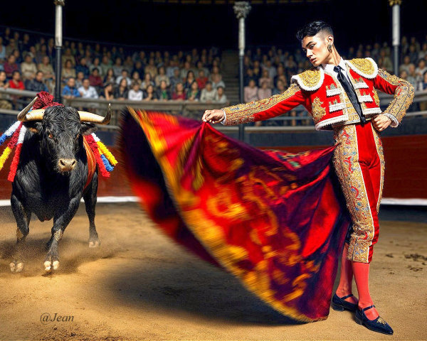 Bullfighting Scene with Matador and Bull in Arena