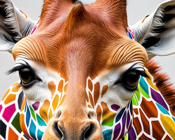 Close-Up of a Giraffe's Colorful Face and Patterns