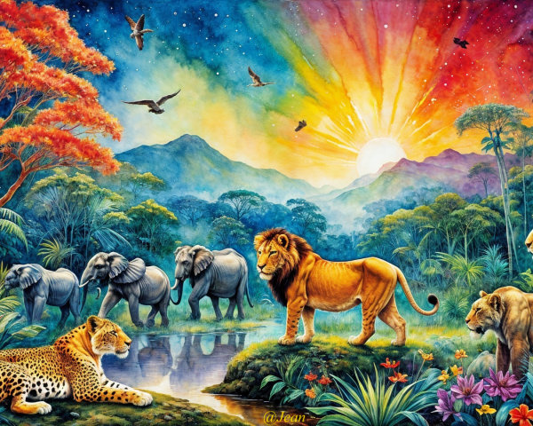 Vibrant Jungle Scene with Lions and Elephants