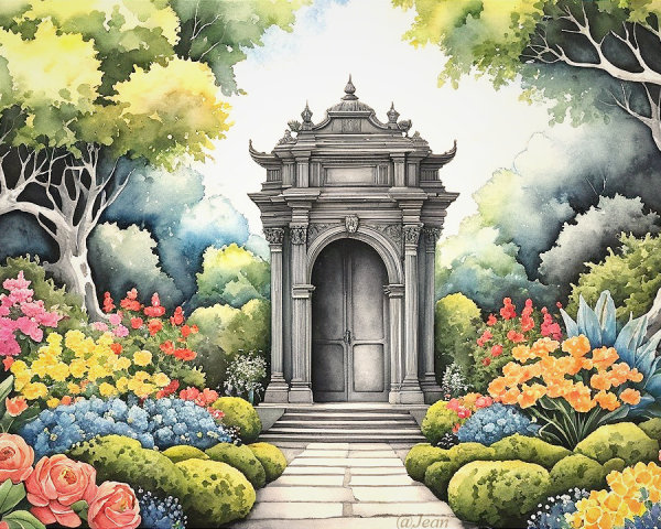 Tranquil garden scene with ornate stone structure
