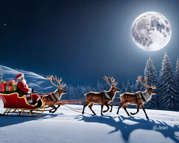 Santa Claus in a red sleigh with reindeer in winter