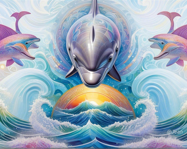 Vibrant Dolphins Leaping Through Swirling Waves at Sunrise
