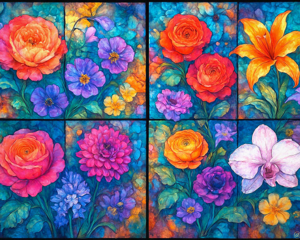 Multicolored Flower Digital Paintings on Watercolor Background