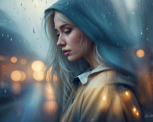 Young Woman in Yellow Raincoat on Rainy Street
