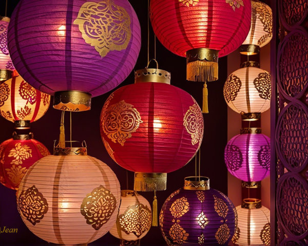 Vibrant Lanterns in Purple, Red, and White Shades